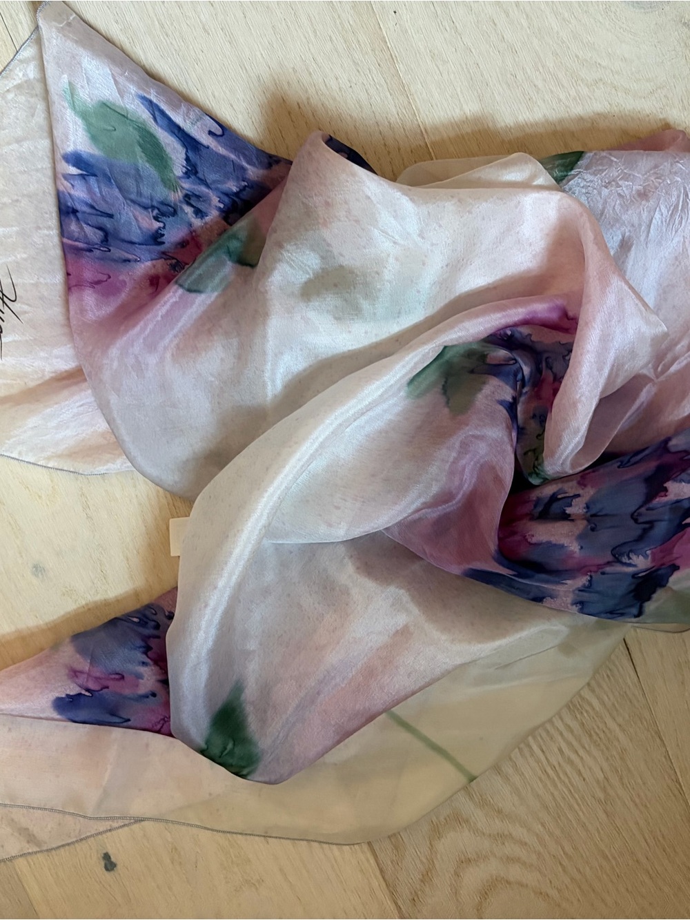 La Soierie by Huo of Quebec Hand-Painted Silk Scarf - Pink, Blue & Green